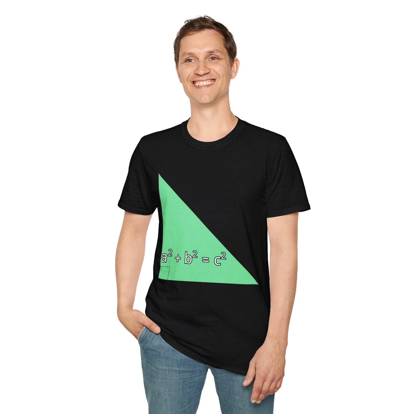 a man wearing a black shirt that says green triangle with a square b square equals c square written inside the triangle