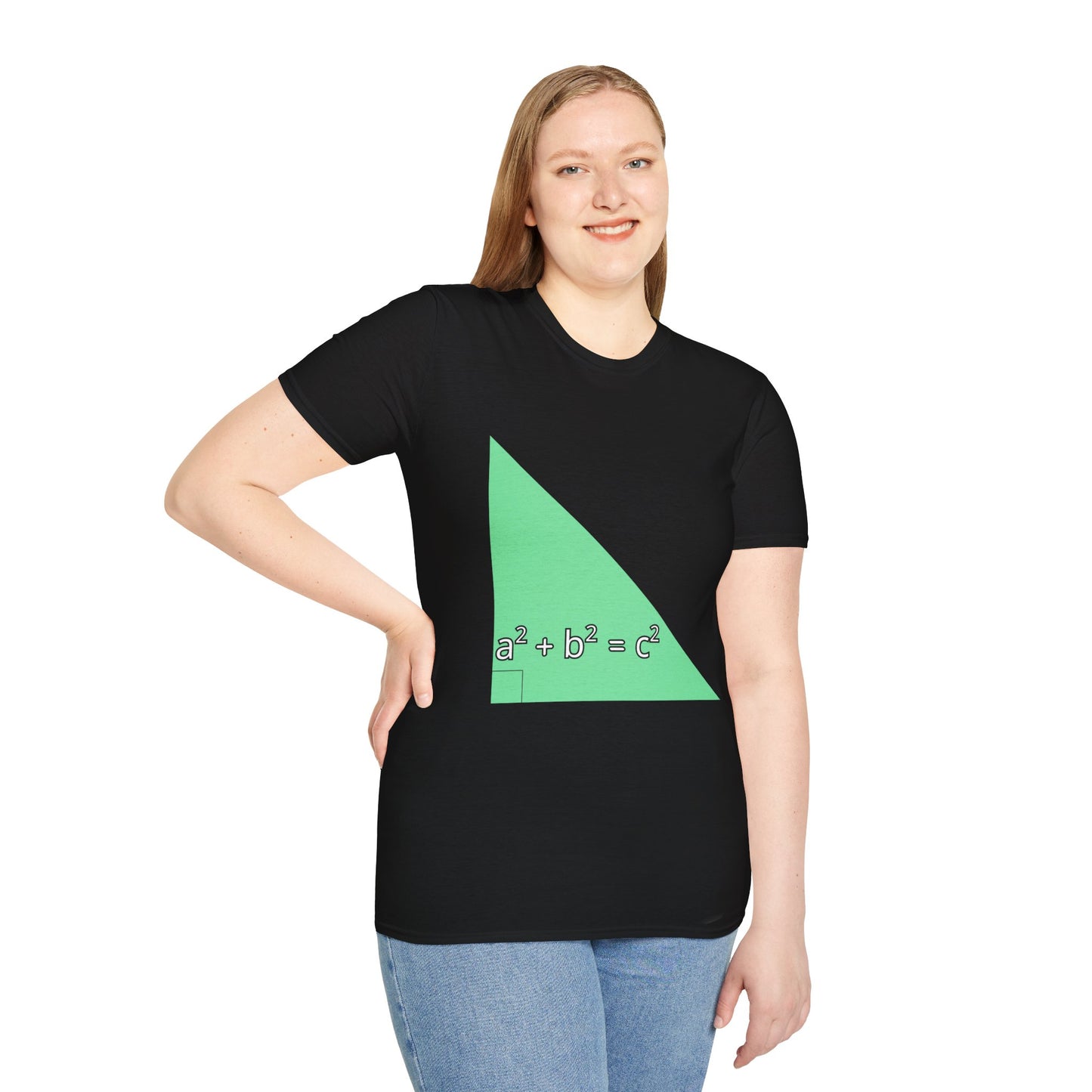 a woman wearing a black shirt that says green triangle with a square b square equals c square written inside the triangle