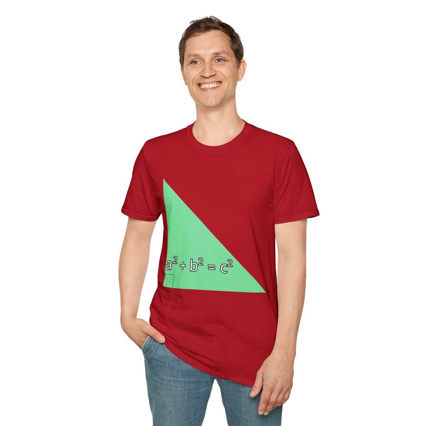 a man wearing a cherry red shirt that says green triangle with a square b square equals c square written inside the triangle