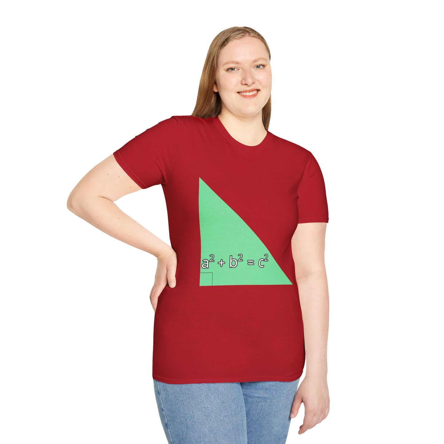 a woman wearing a cherry red shirt that says green triangle with a square b square equals c square written inside the triangle