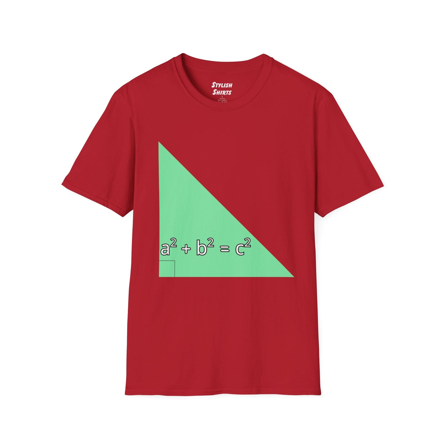 a cherry red shirt that says green triangle with a square b square equals c square written inside the triangle