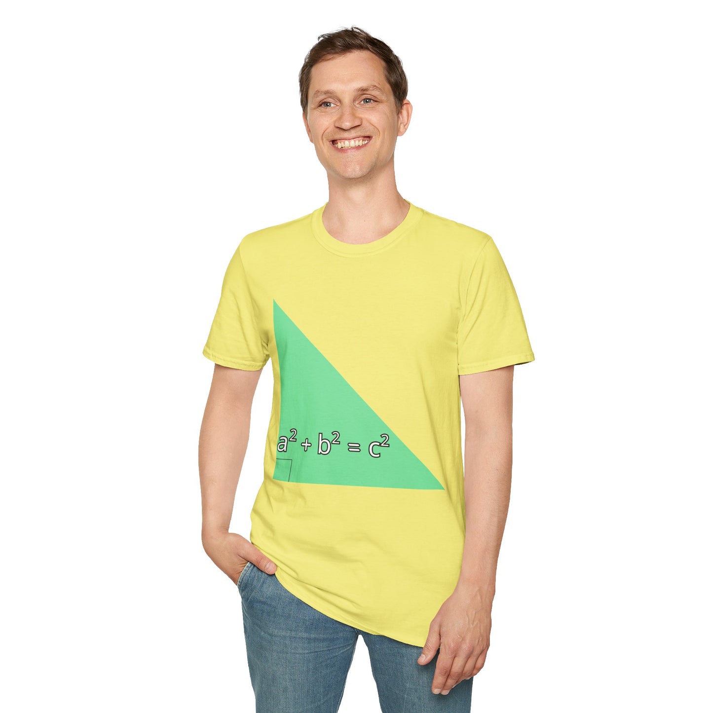 a man wearing a cornsilk yellow shirt that says green triangle with a square b square equals c square written inside the triangle