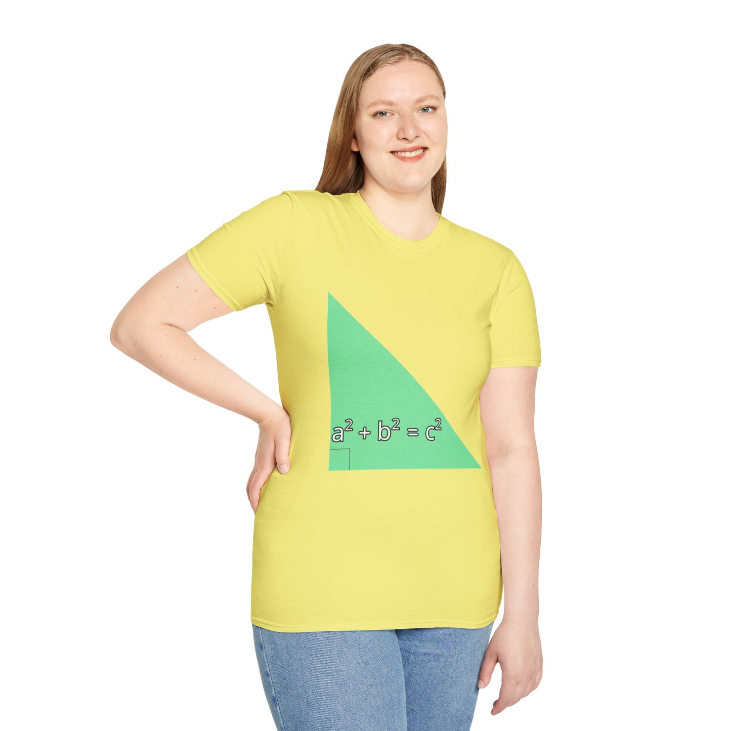 a woman wearing a cornsilk yellow shirt that says green triangle with a square b square equals c square written inside the triangle