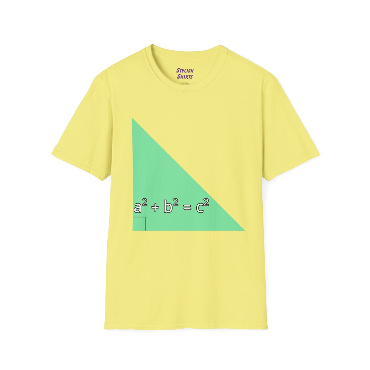 a cornsilk yellow shirt that says green triangle with a square b square equals c square written inside the triangle