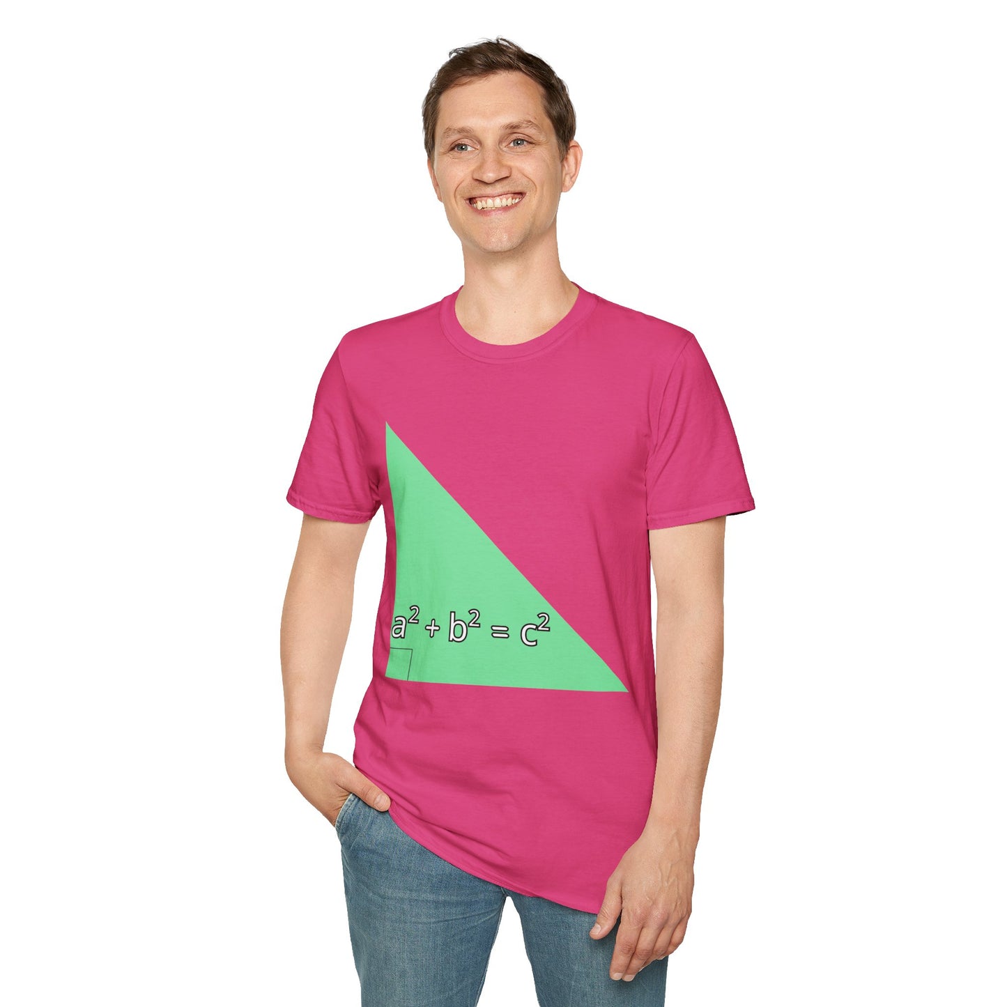 a man wearing a heliconia pink shirt that says green triangle with a square b square equals c square written inside the triangle