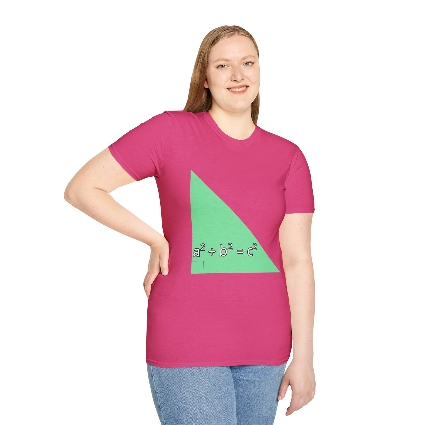 a woman wearing a heliconia pink shirt that says green triangle with a square b square equals c square written inside the triangle