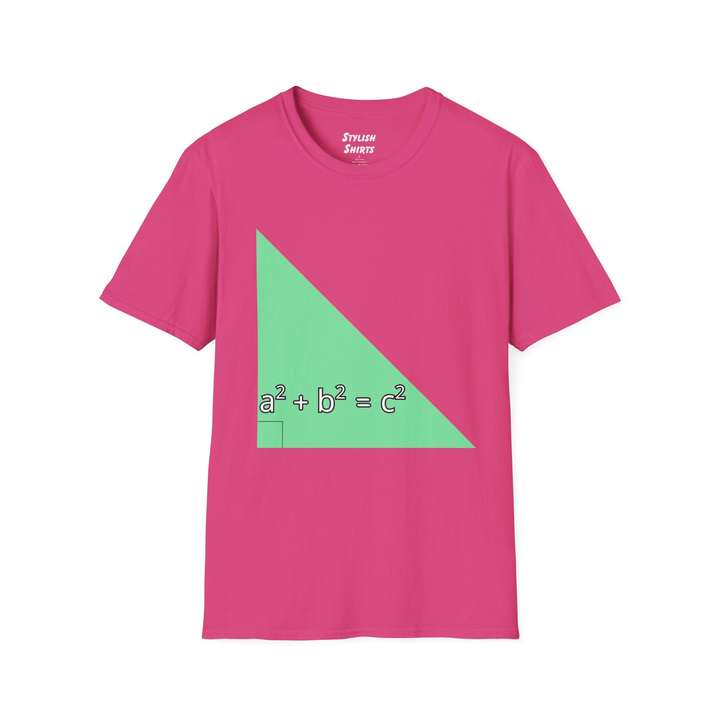 a heliconia pink shirt that says green triangle with a square b square equals c square written inside the triangle