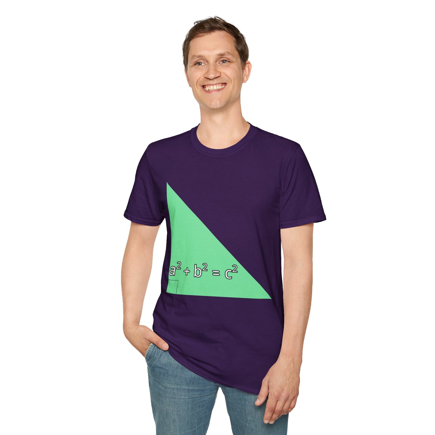 a man wearing a purple shirt that says green triangle with a square b square equals c square written inside the triangle