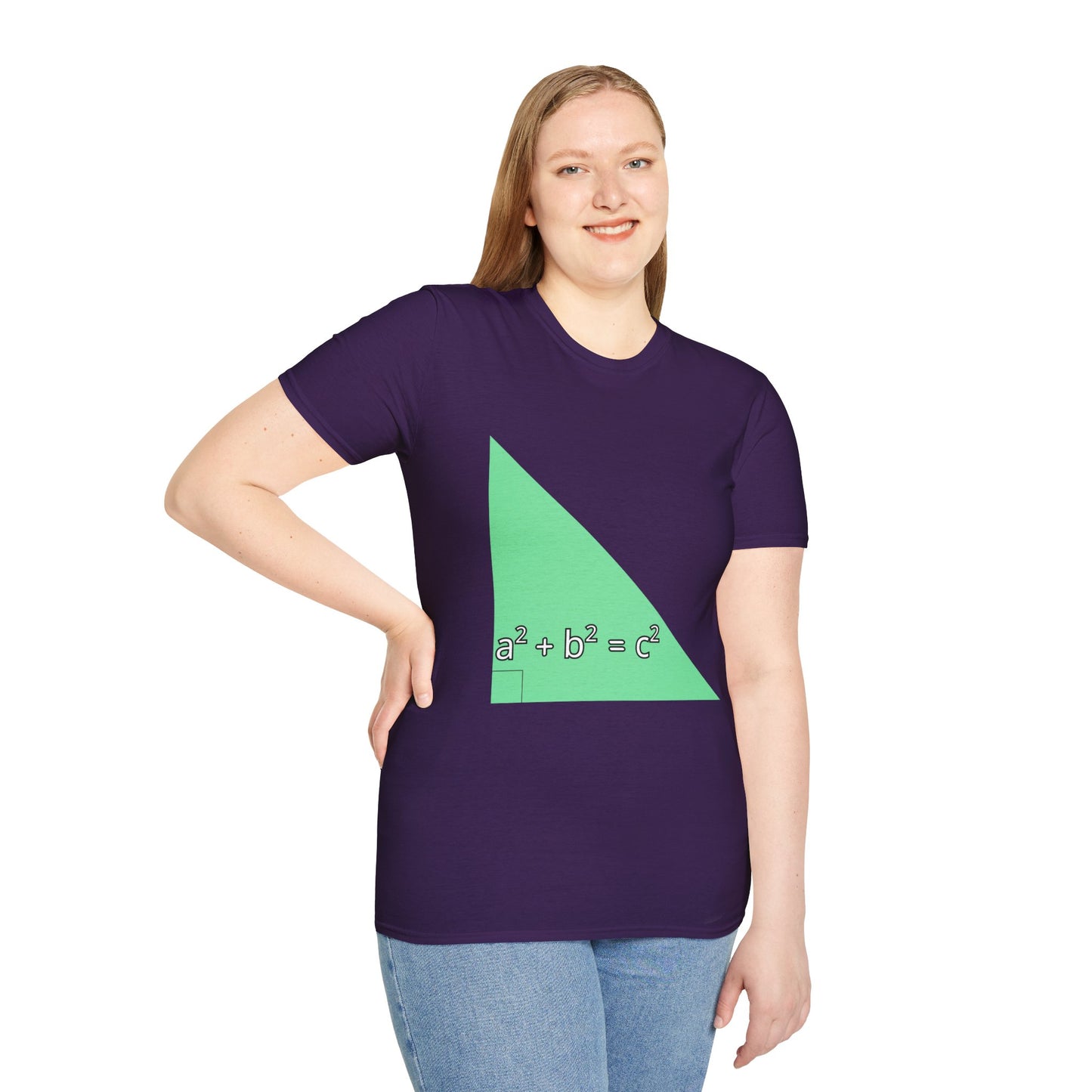 a woman wearing a purple shirt that says green triangle with a square b square equals c square written inside the triangle