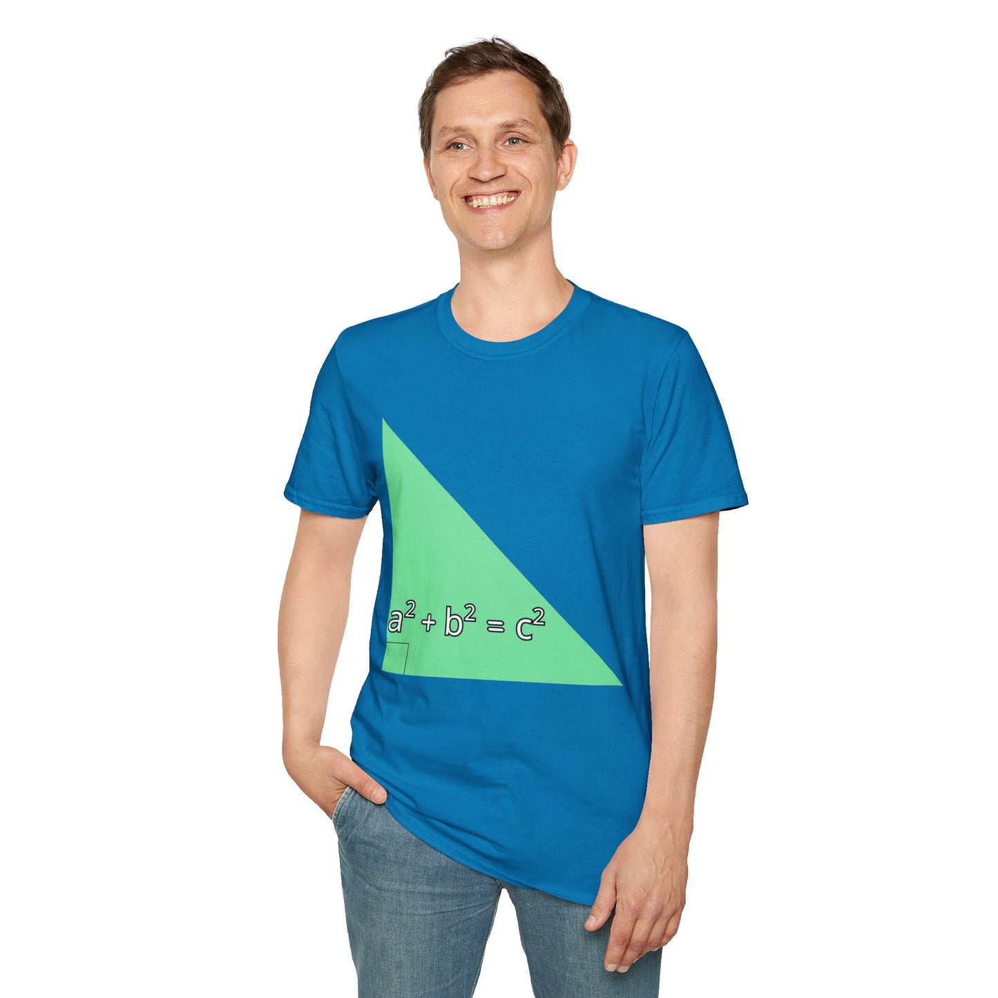 a man wearing a sapphire blue shirt that says green triangle with a square b square equals c square written inside the triangle
