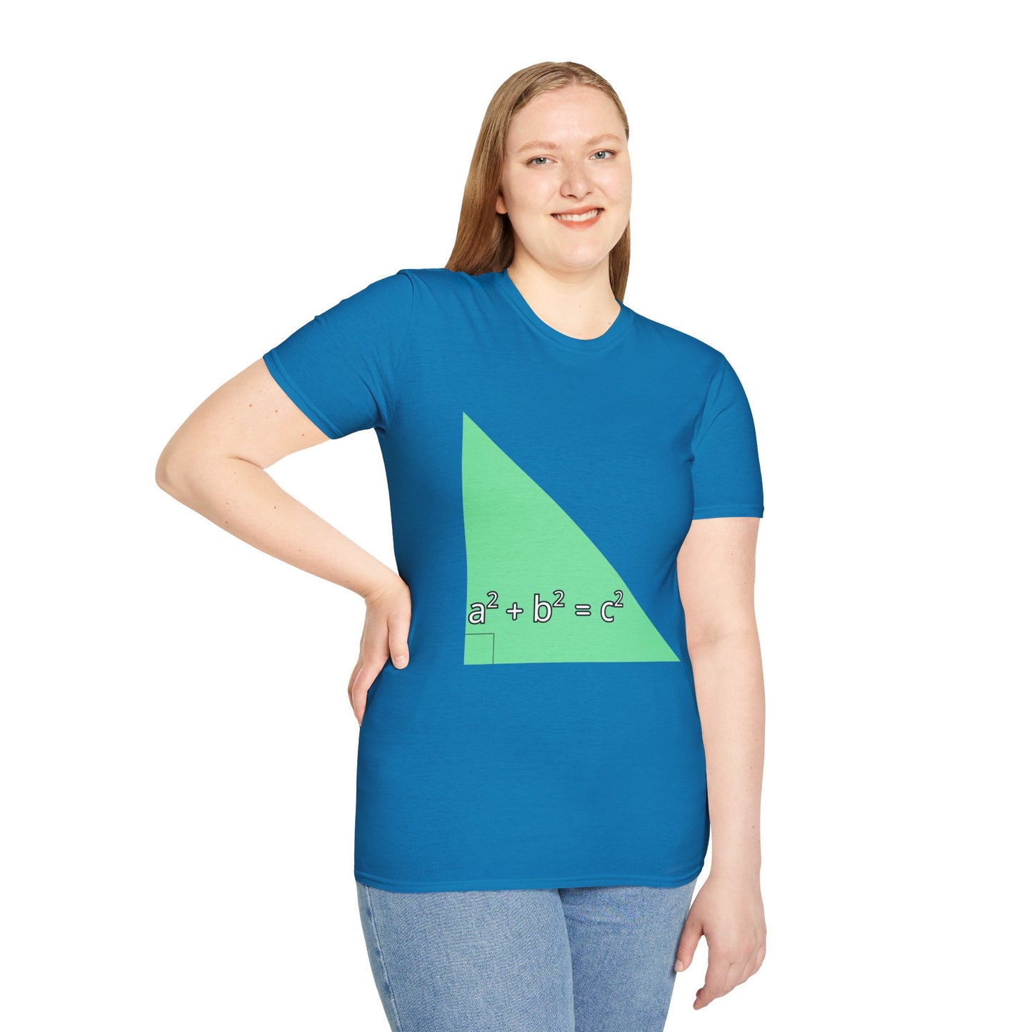 a woman wearing a sapphire blue shirt that says green triangle with a square b square equals c square written inside the triangle