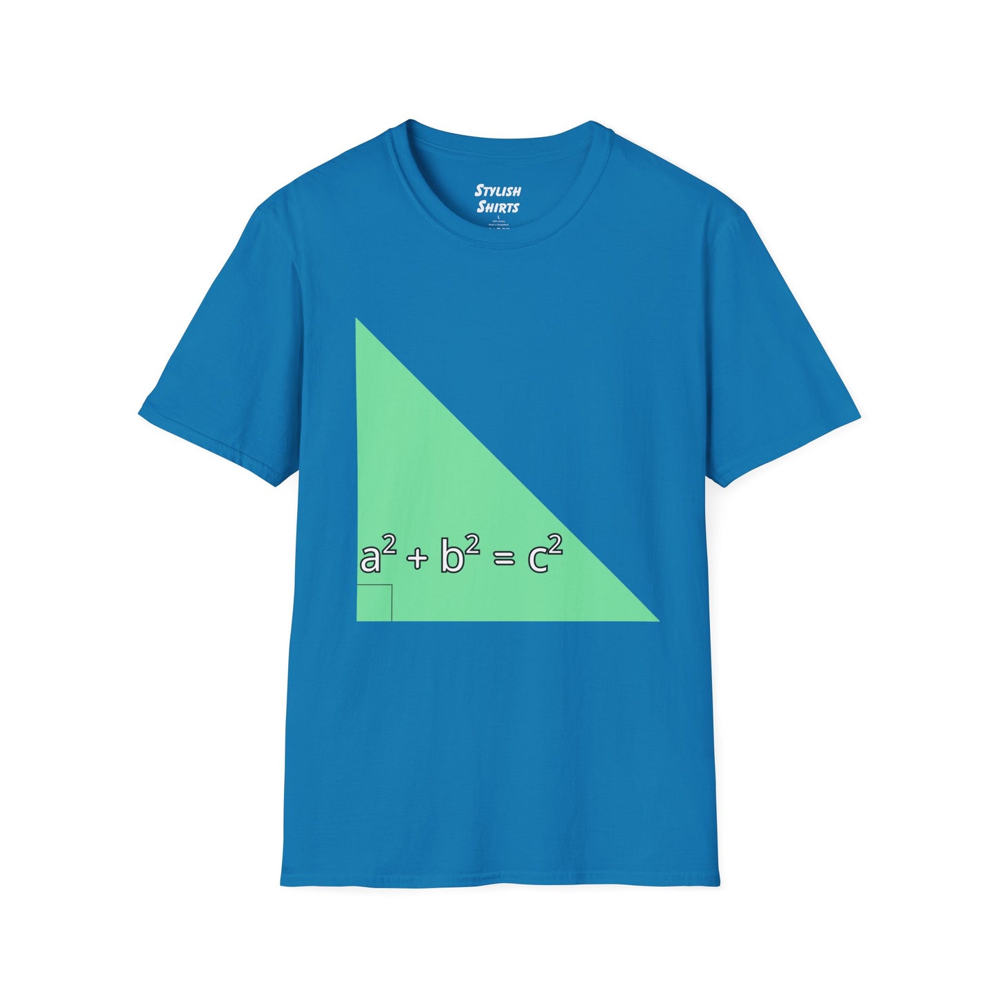 a sapphire blue shirt that says green triangle with a square b square equals c square written inside the triangle