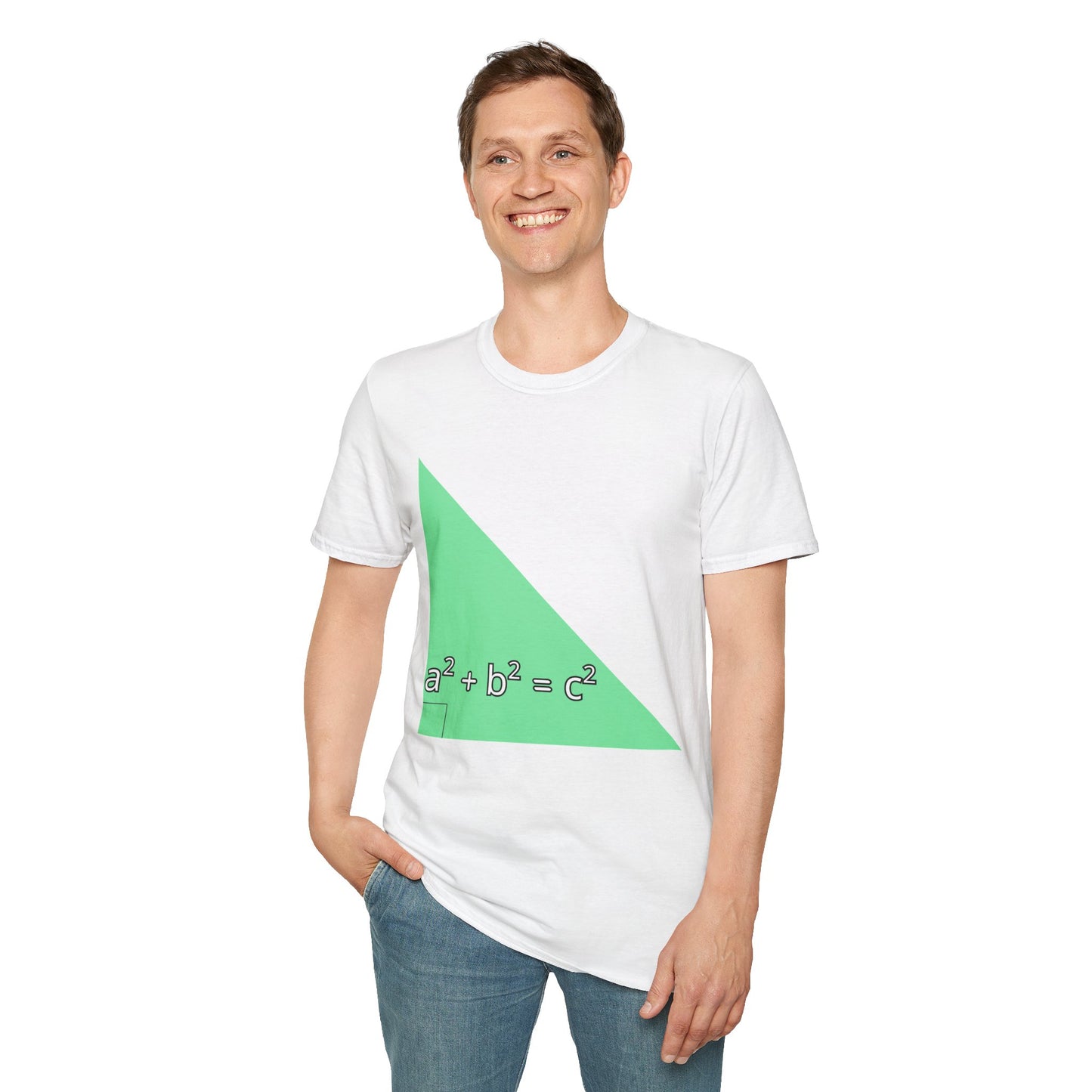 a man wearing a white shirt that says green triangle with a square b square equals c square written inside the triangle
