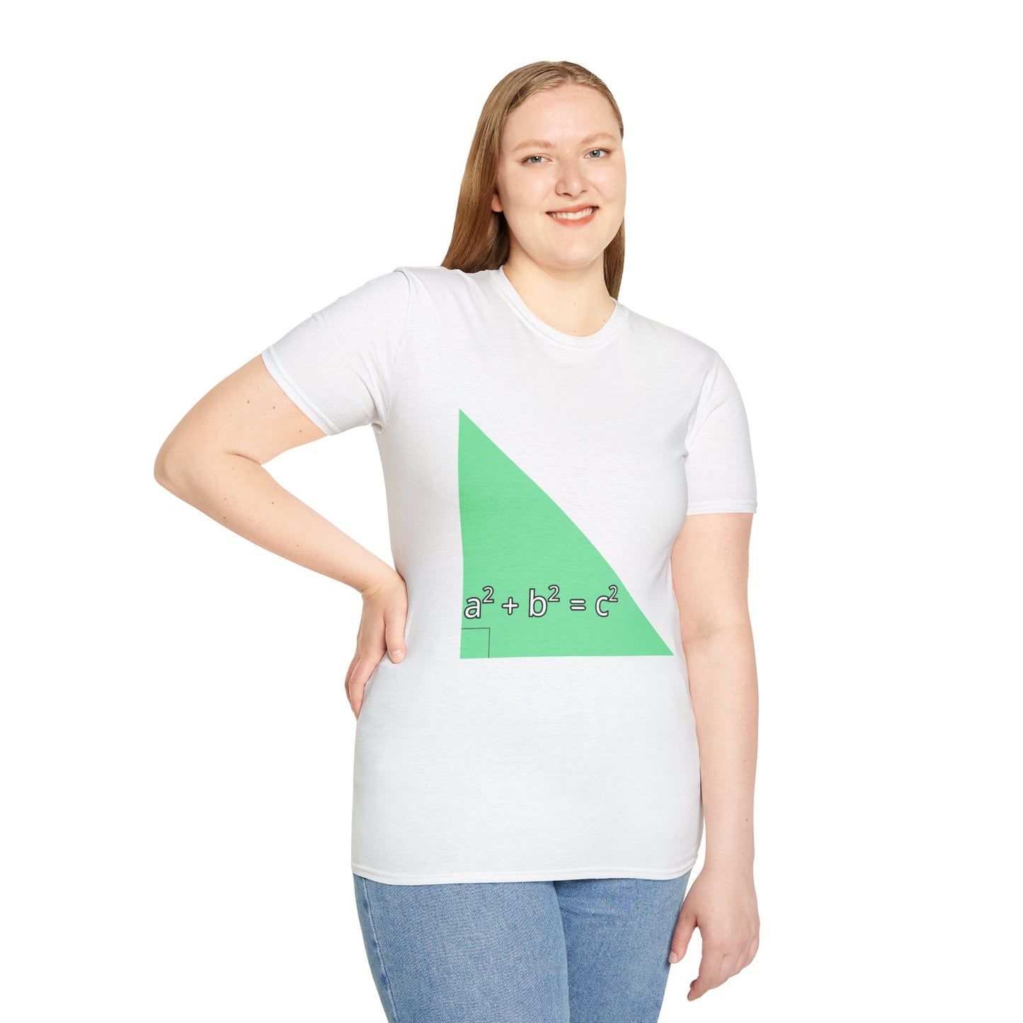 a woman wearing a white shirt that says green triangle with a square b square equals c square written inside the triangle