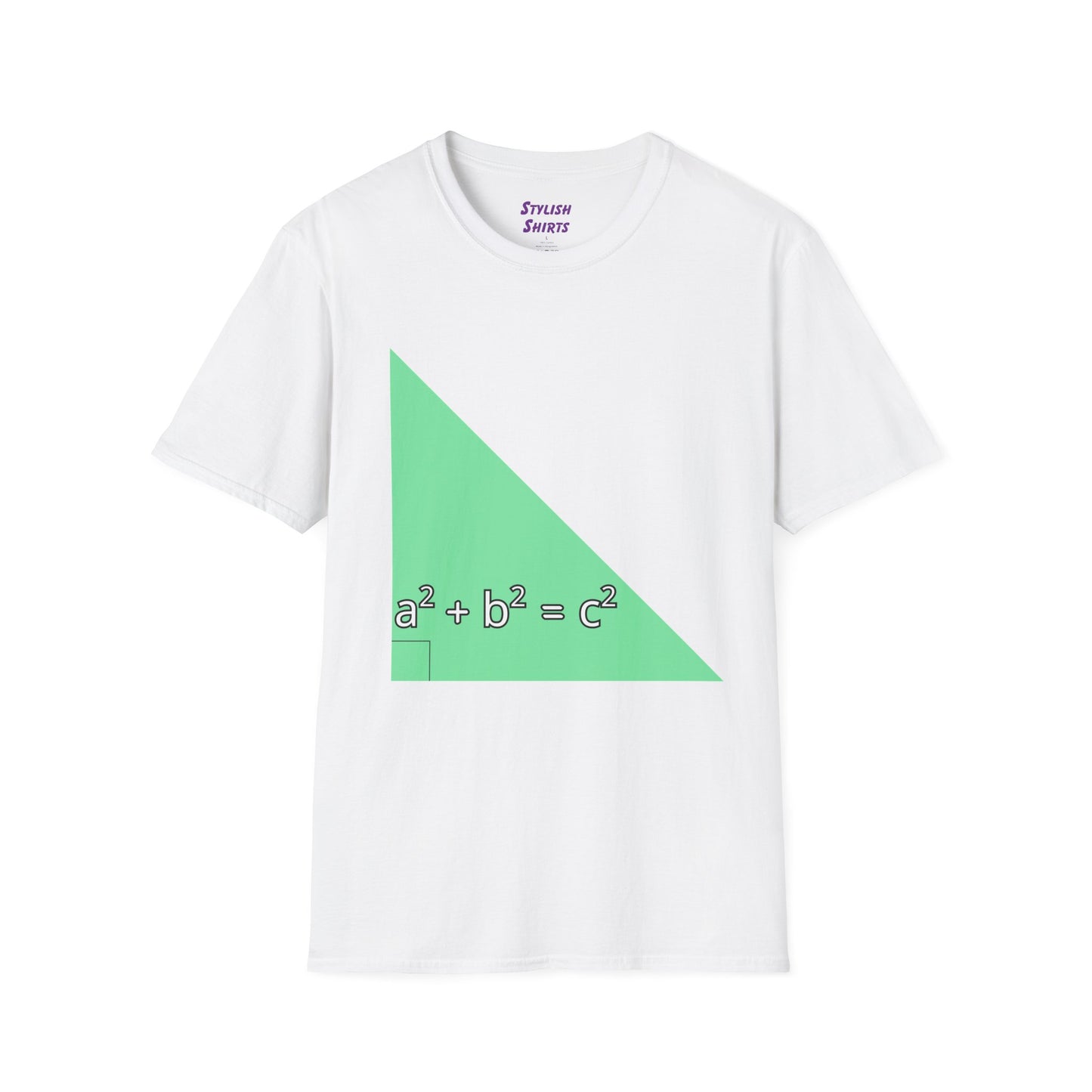 a white shirt that says green triangle with a square b square equals c square written inside the triangle