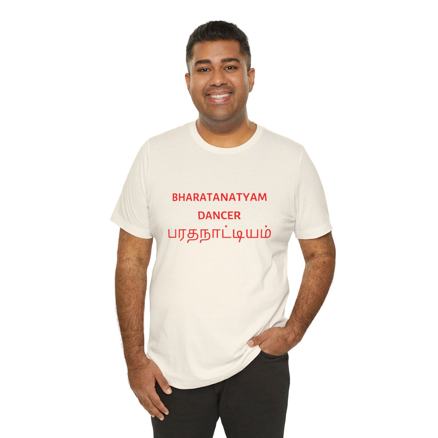 a man wearing a natural shirt that says bharatanatyam dancer with bharatanatyam written in Tamil