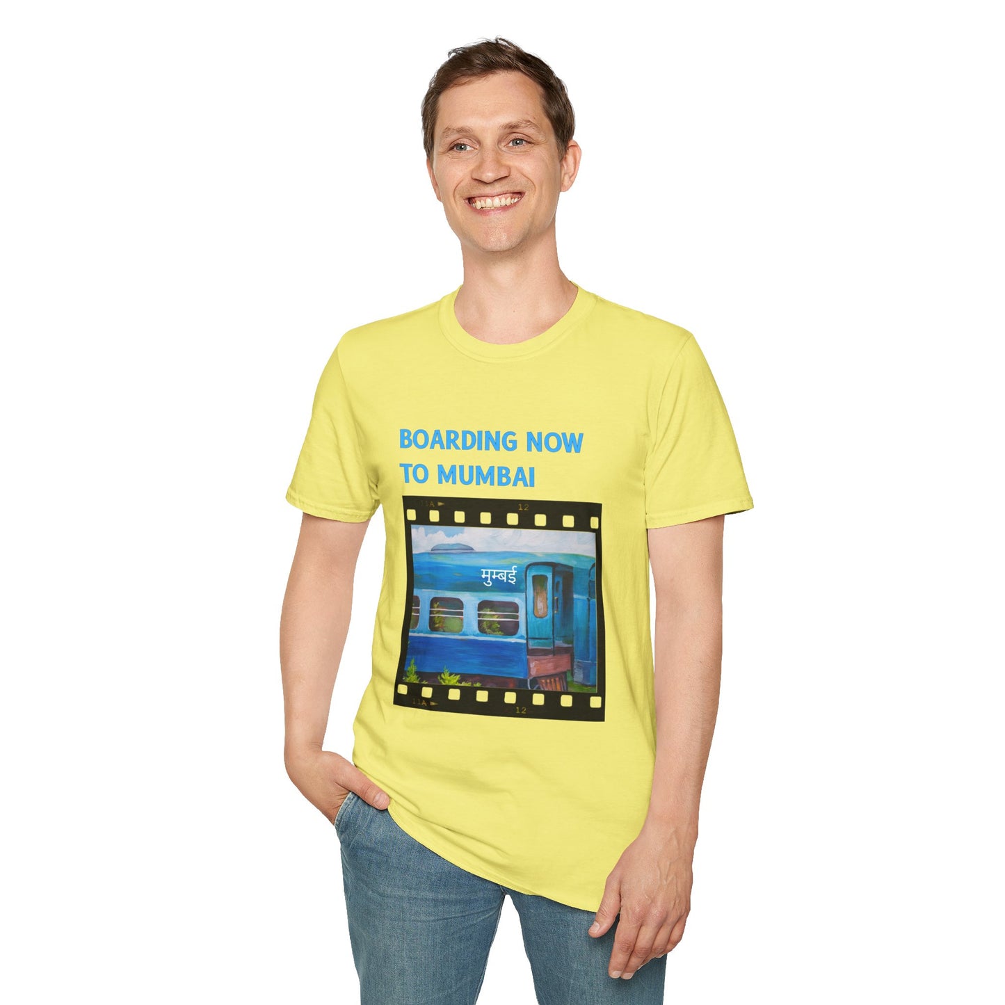 a man wearing a cornsilk yellow shirt that says boarding now to mumbai with a graphic of a train