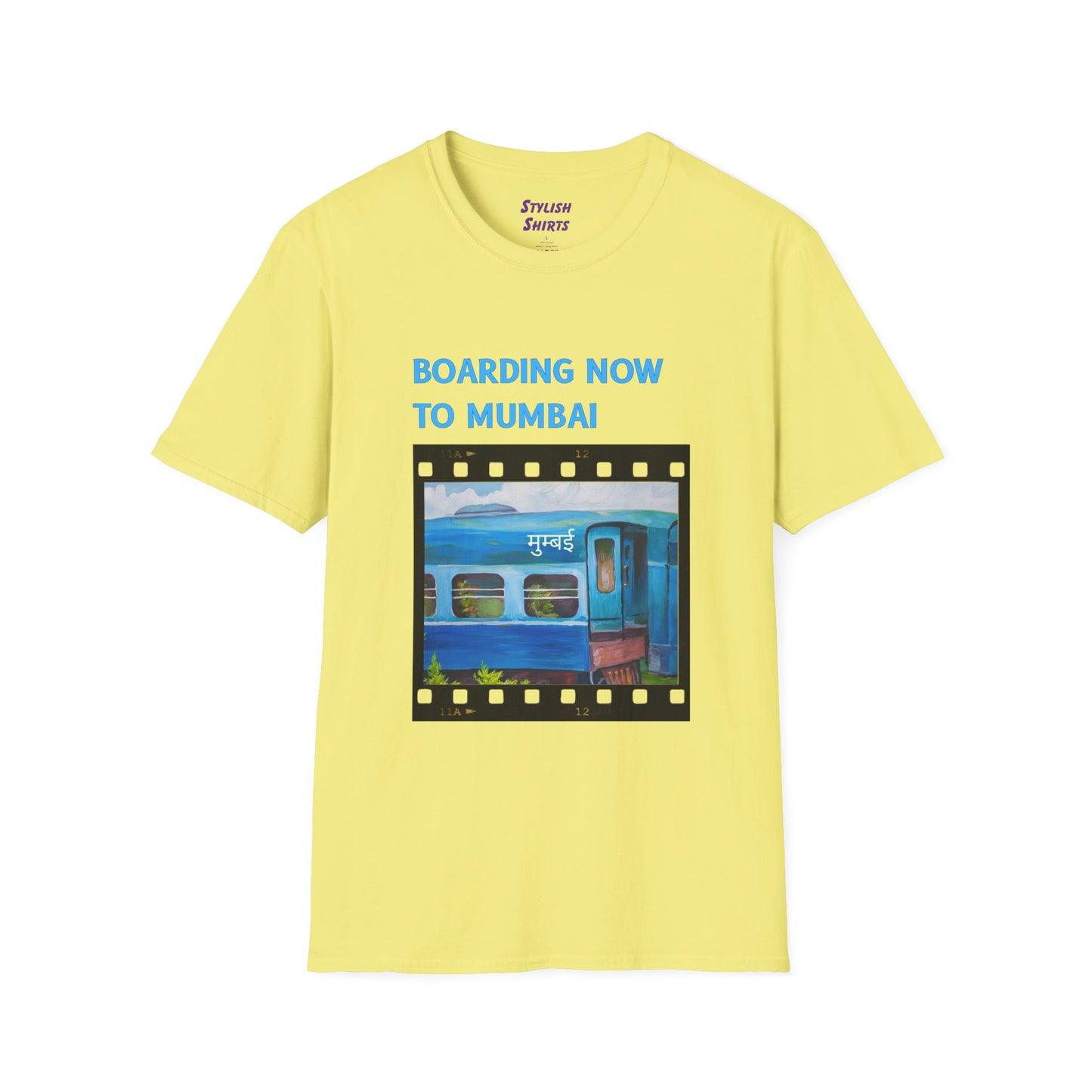 a cornsilk yellow shirt that says boarding now to mumbai with a graphic of a train