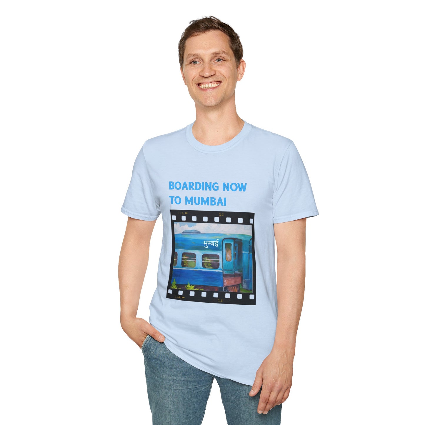 a man wearing a light blue shirt that says boarding now to mumbai with a graphic of a train