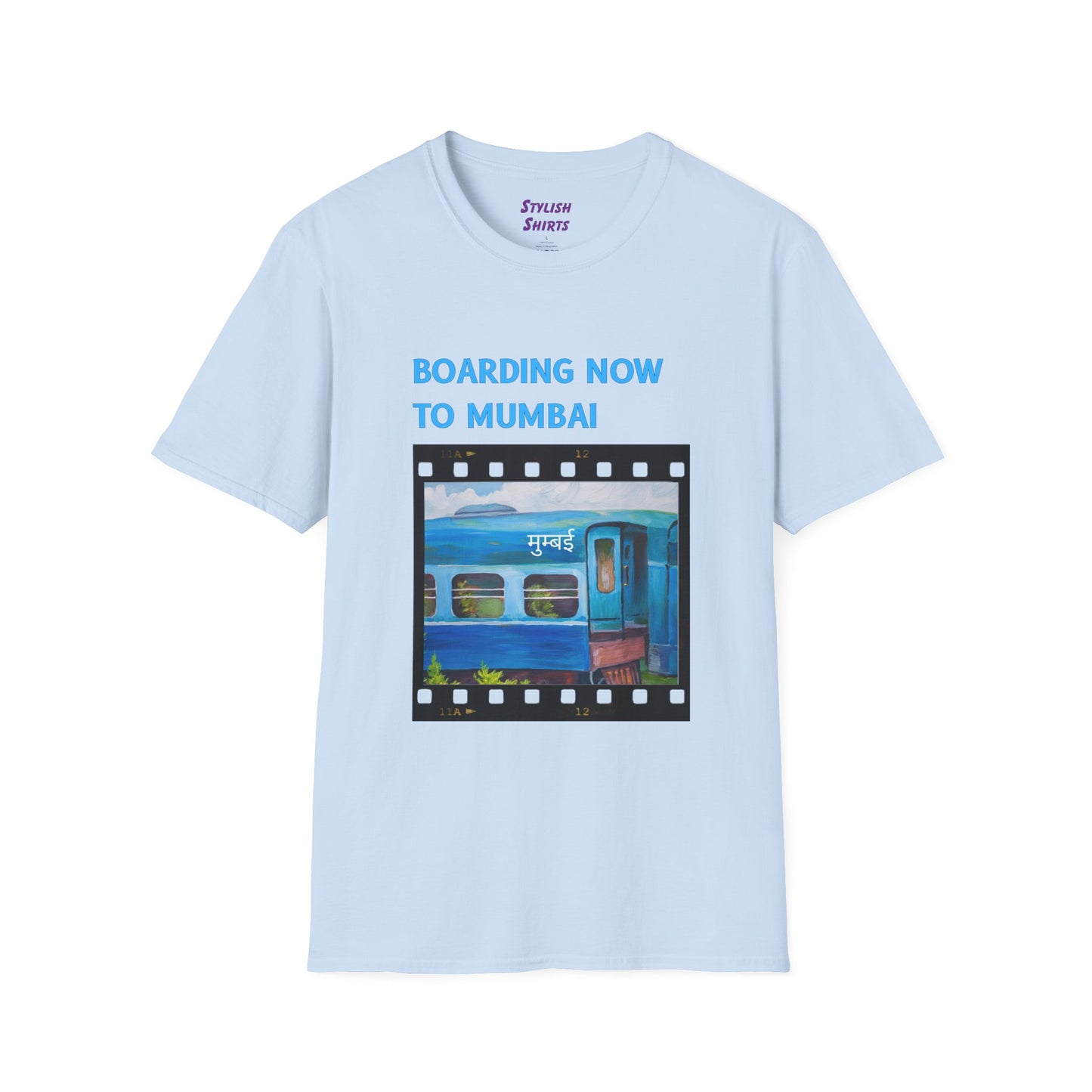 a light blue shirt that says boarding now to mumbai with a graphic of a train