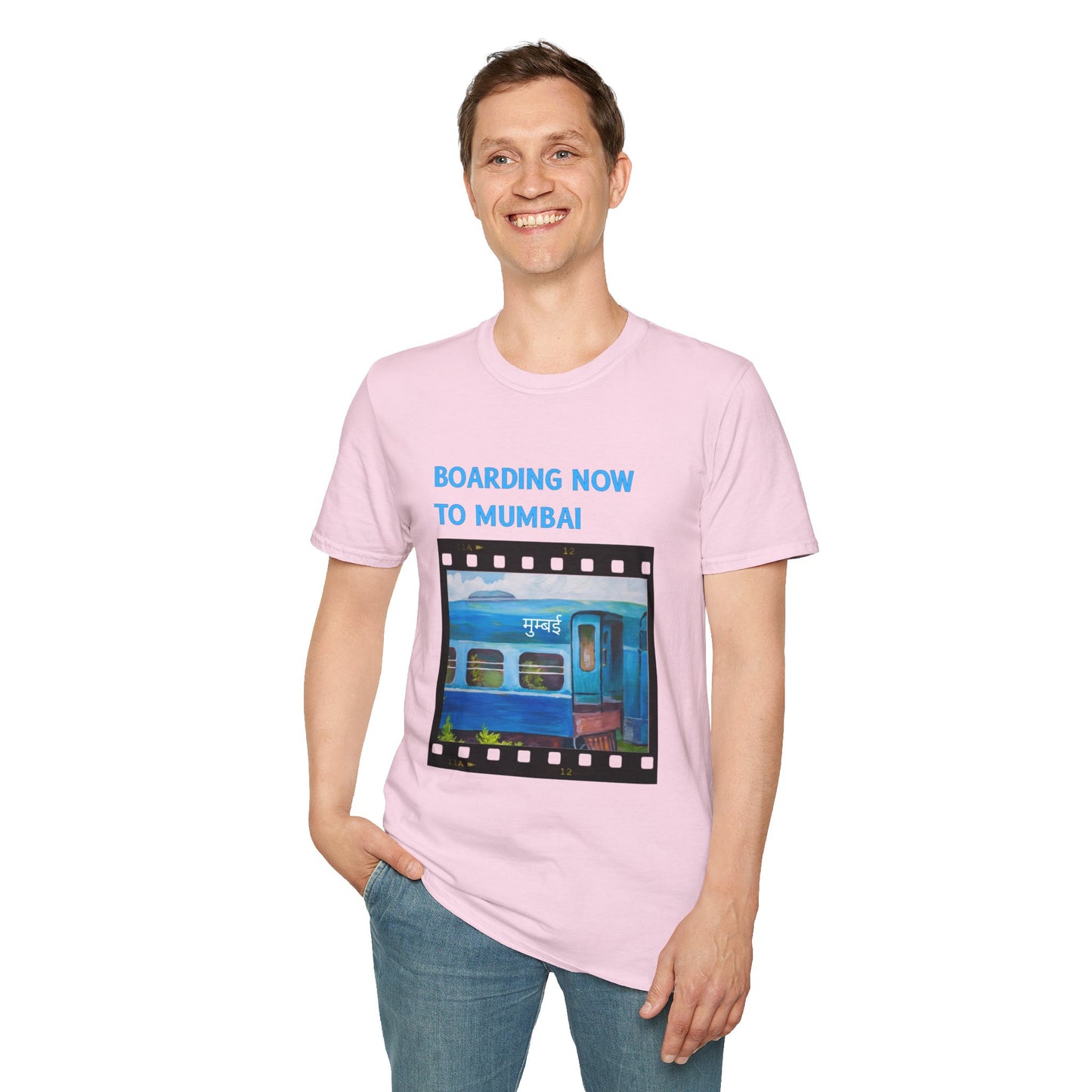 a man wearing a light pink shirt that says boarding now to mumbai with a graphic of a train