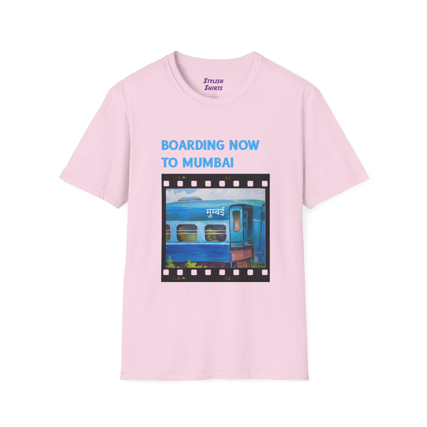 a light pink shirt that says boarding now to mumbai with a graphic of a train