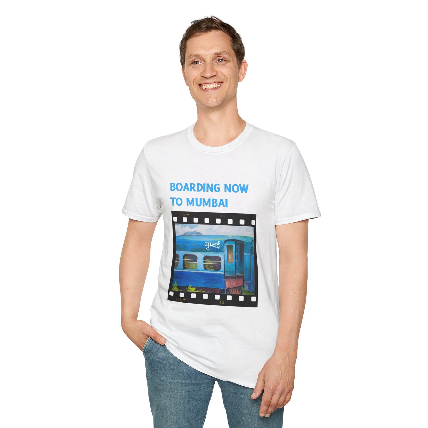 a man wearing a white shirt that says boarding now to mumbai with a graphic of a train