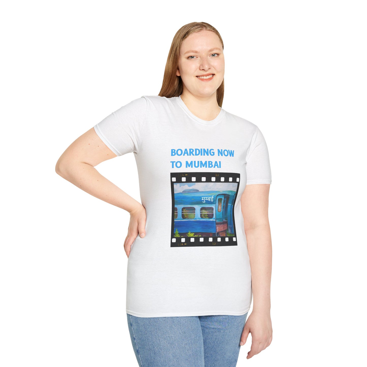 a woman wearing a white shirt that says boarding now to mumbai with a graphic of a train