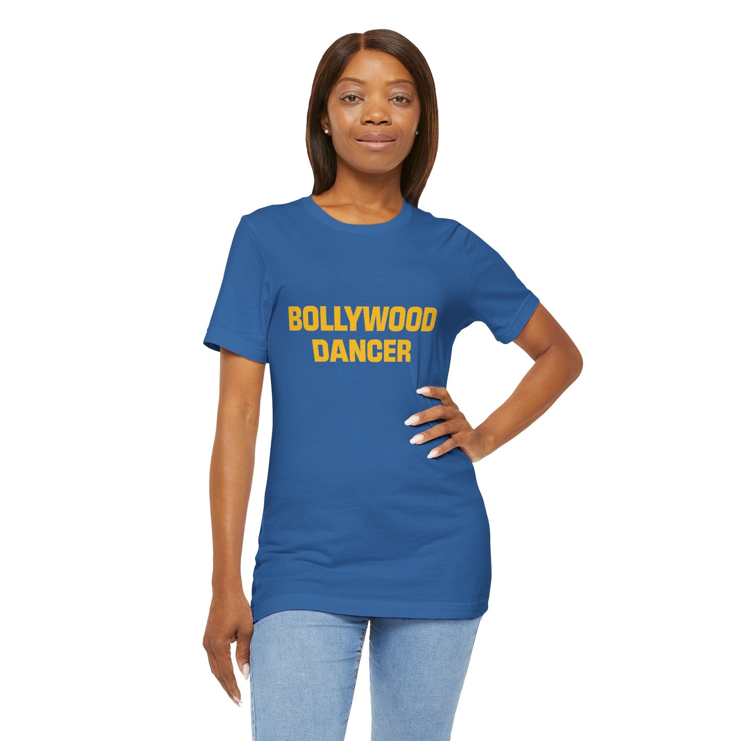 a woman wearing a columbia blue shirt that says Bollywood Dancer