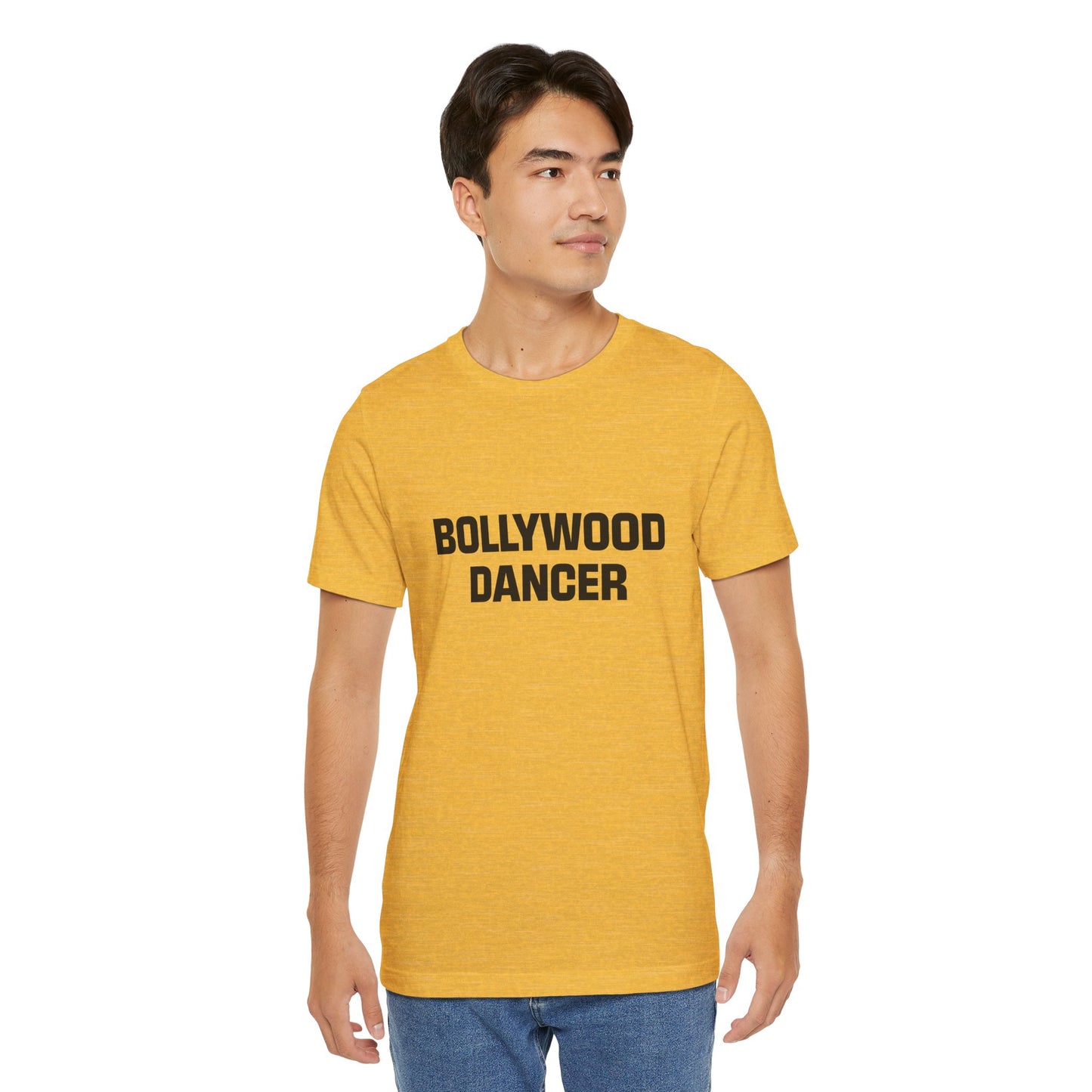 a man wearing a heather yellow gold shirt that says Bollywood Dancer