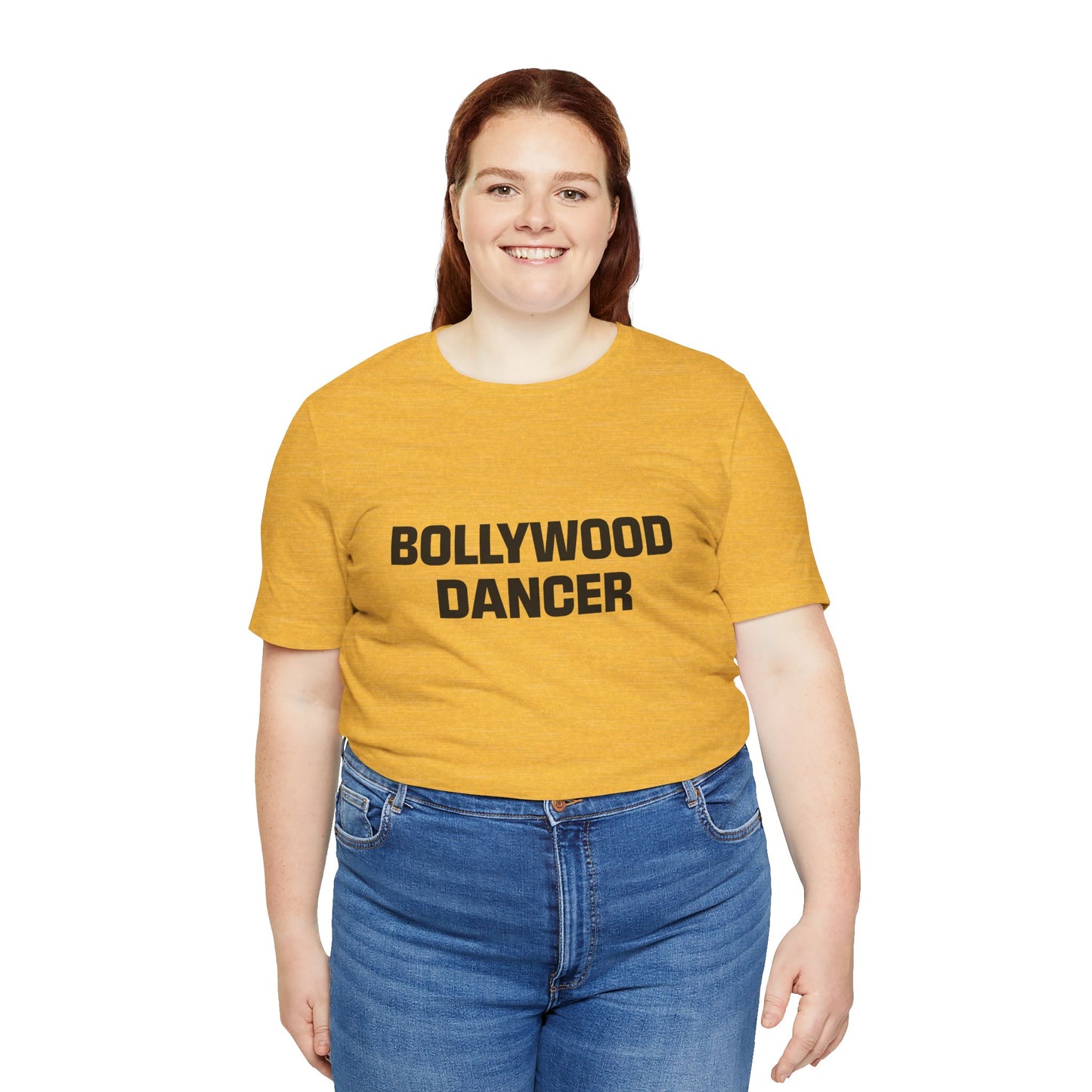 a woman wearing a heather yellow gold shirt that says Bollywood Dancer