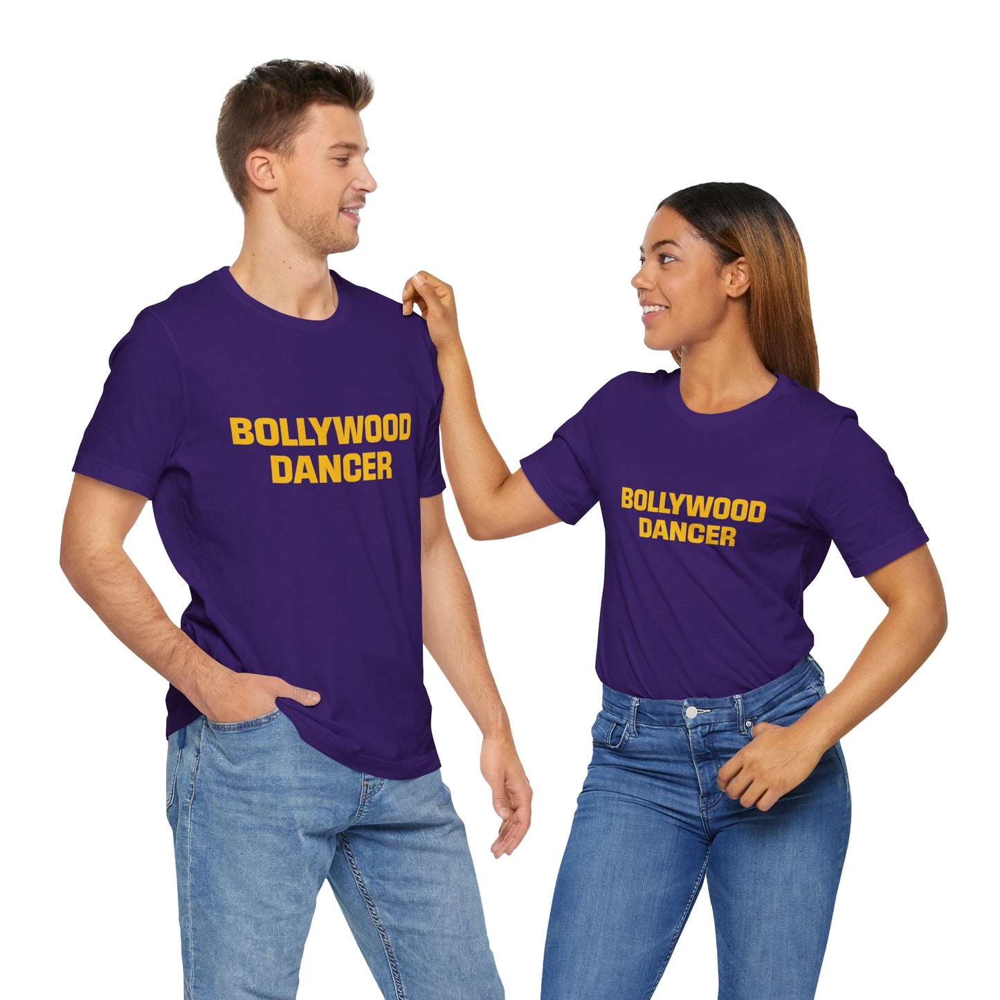 two people wearing a team purple shirt that says Bollywood Dancer