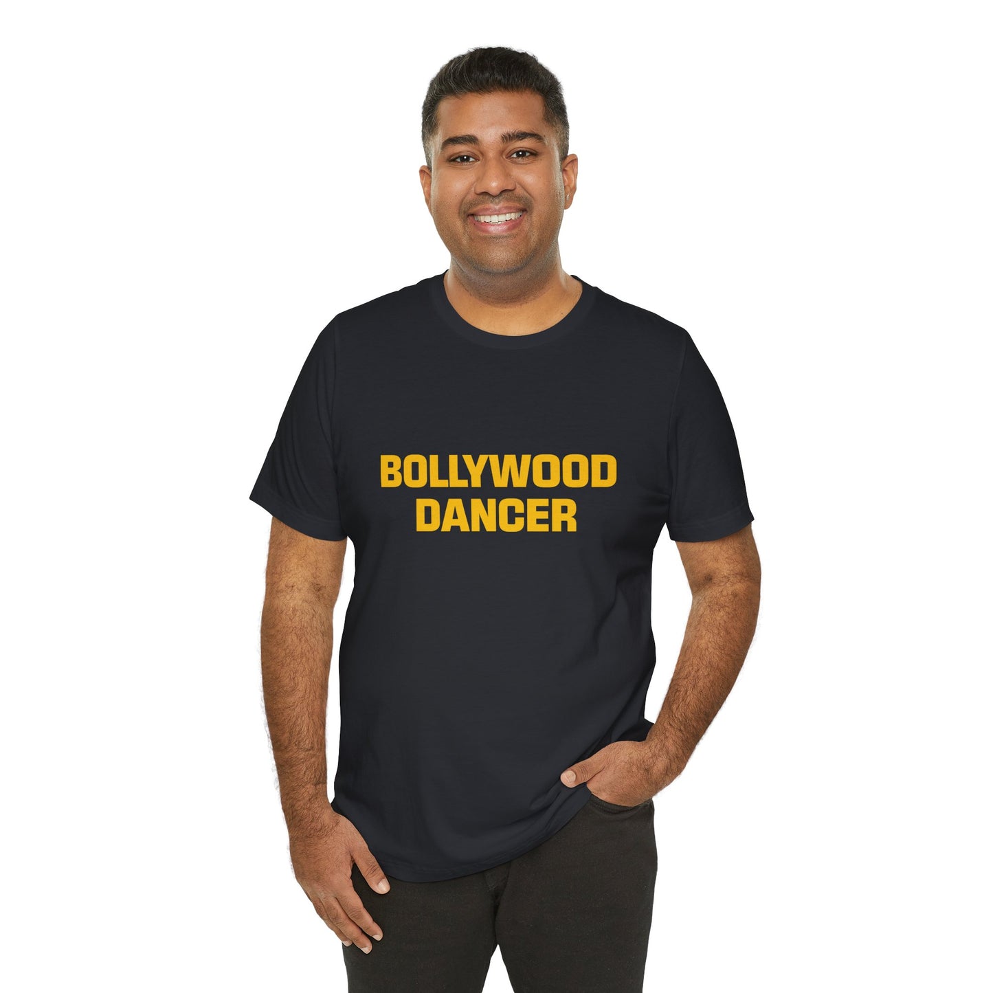a man wearing a vintage black shirt that says Bollywood Dancer