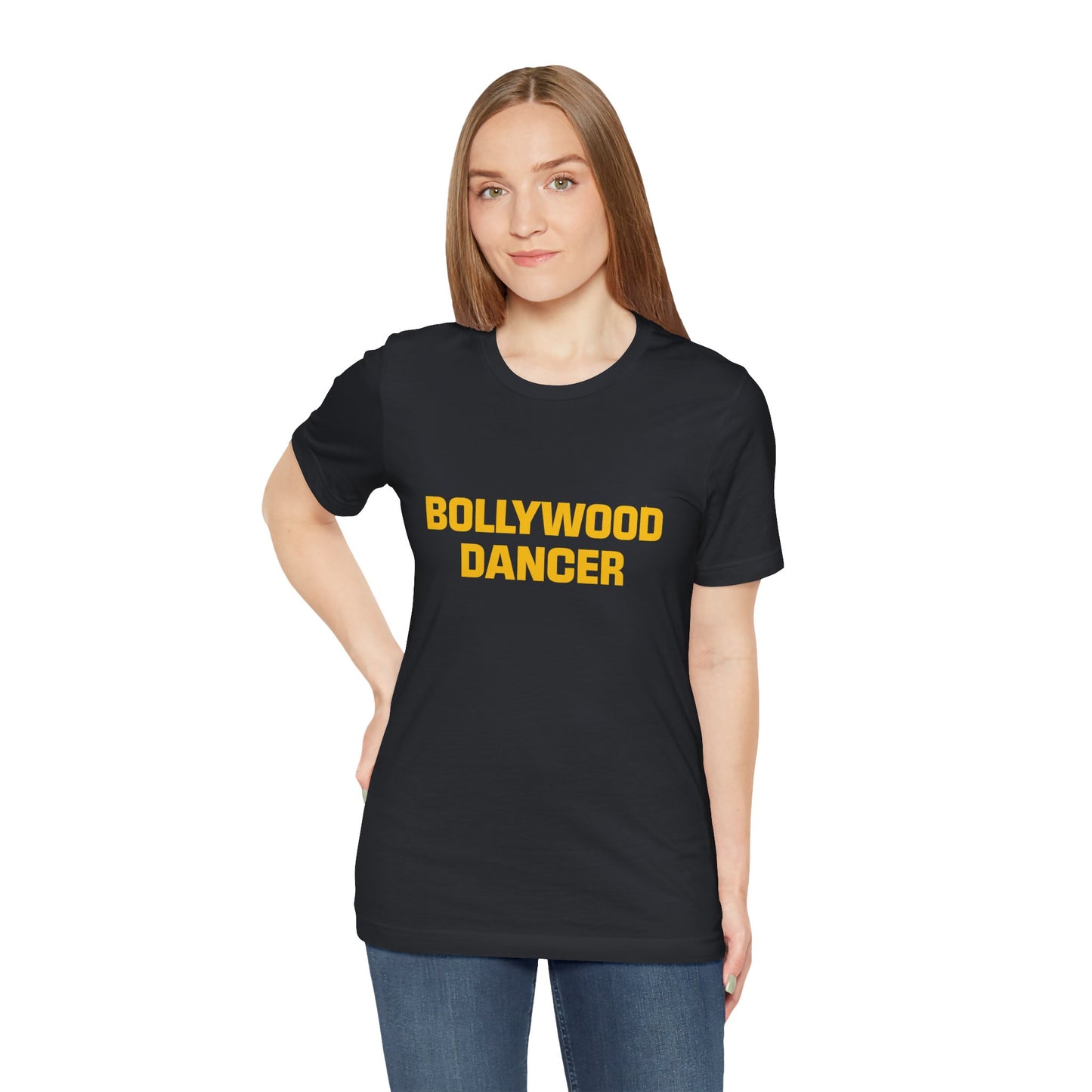 a woman wearing a vintage black shirt that says Bollywood Dancer