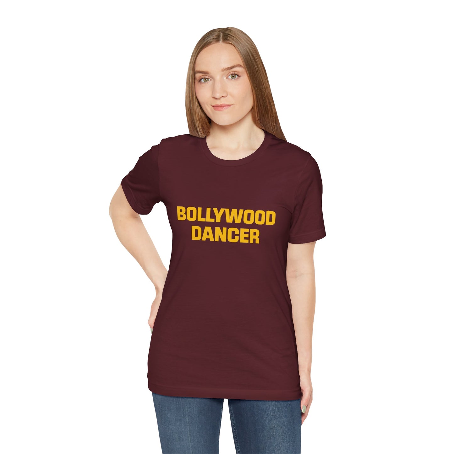 a woman wearing a maroon shirt that says bollywood dancer