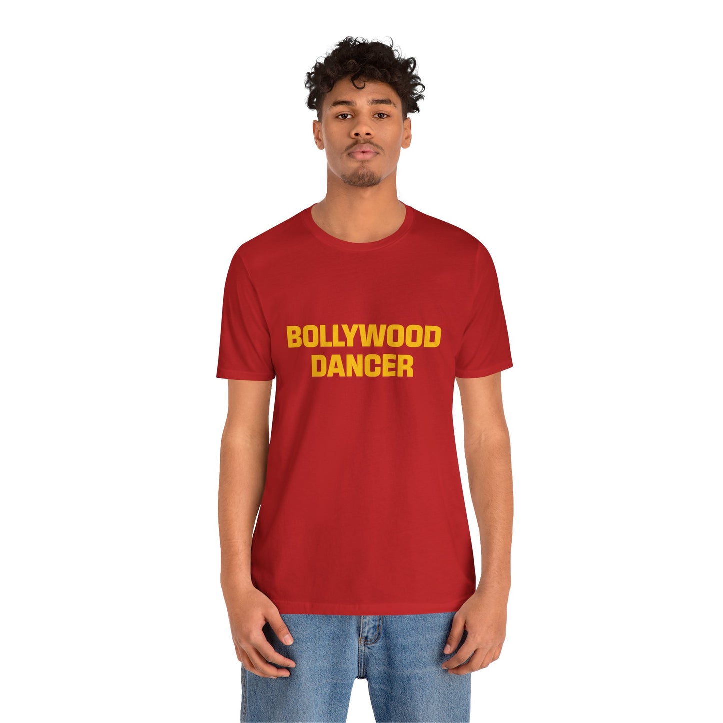 a man wearing a red shirt that says bollywood dancer