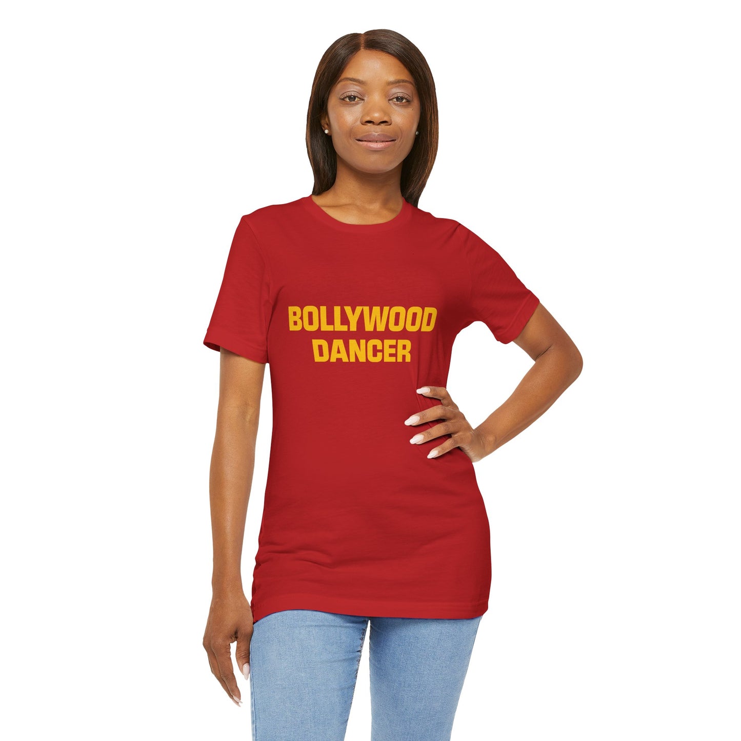 a woman wearing a red shirt that says bollywood dancer