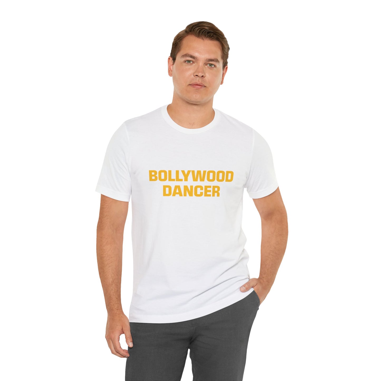 a man wearing a white shirt that says bollywood dancer