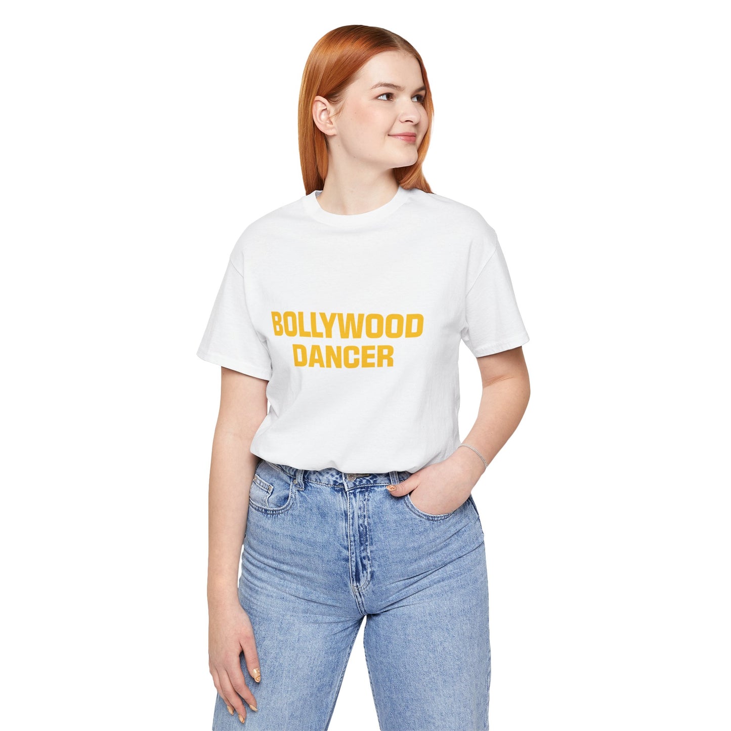 a woman wearing a white shirt that says bollywood dancer
