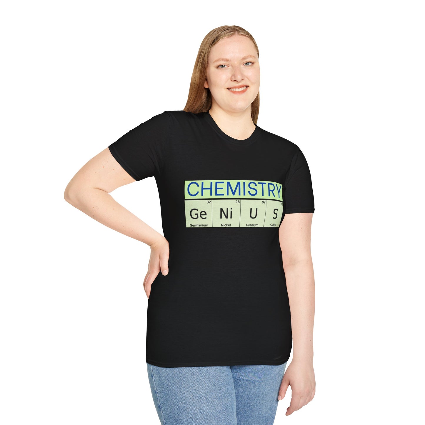 a woman wearing a black shirt that says chemistry and genius written with periodic table element abbreviations