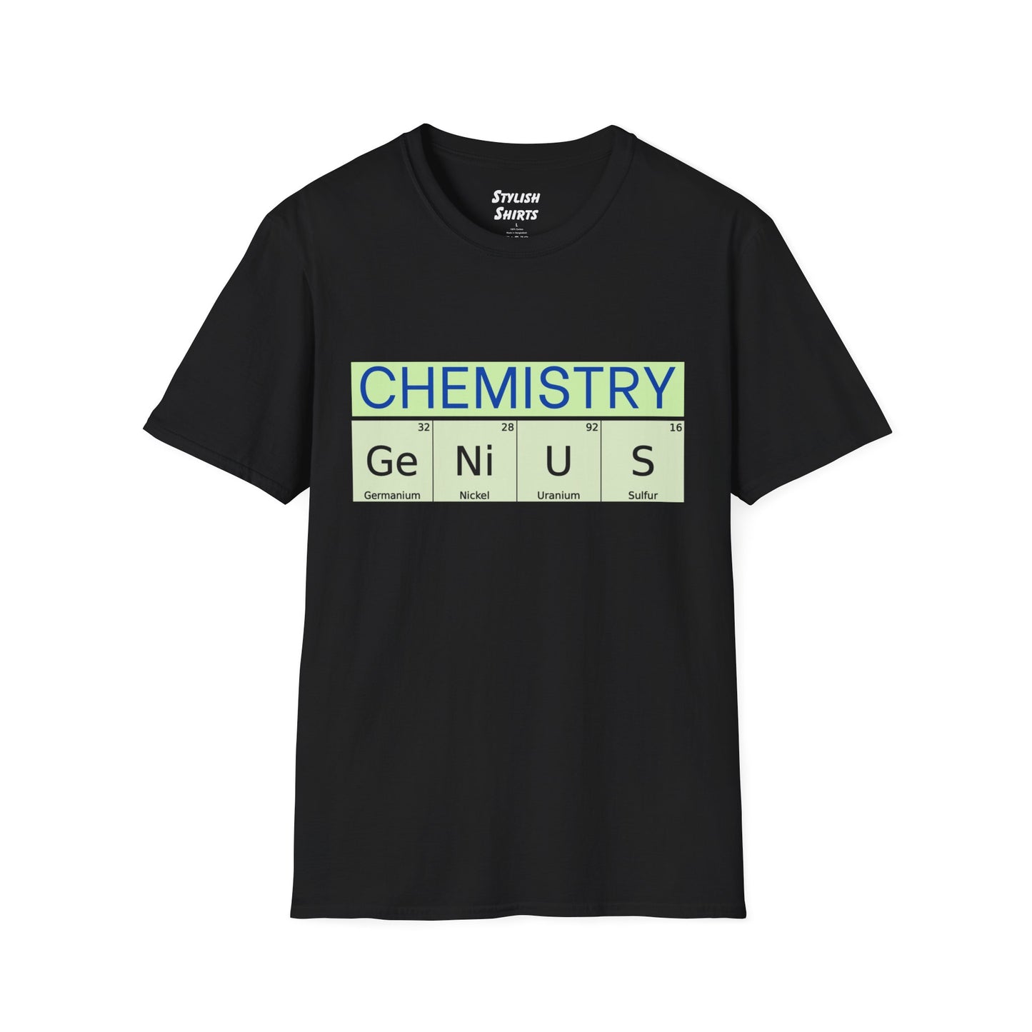 a black shirt that says chemistry and genius written with periodic table element abbreviations