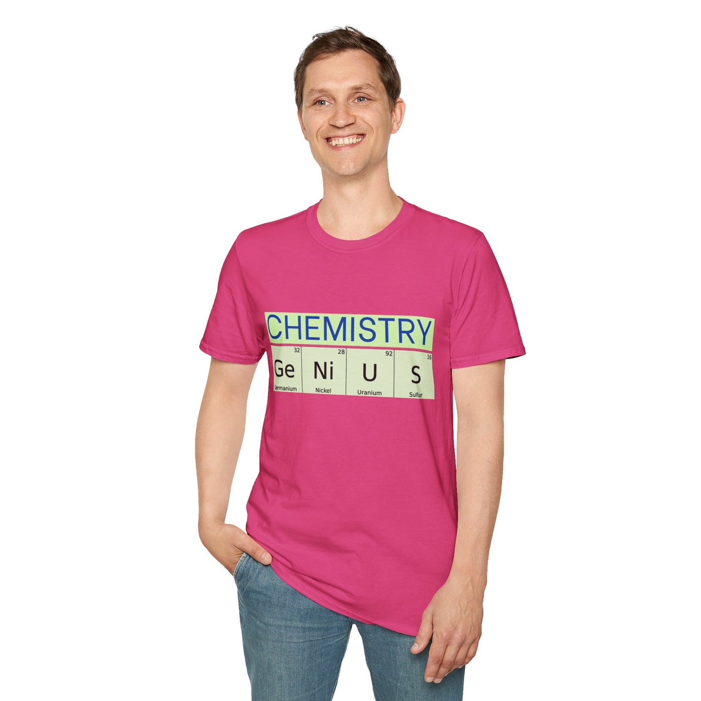 a man wearing a heliconia pink shirt that says chemistry and genius written with periodic table element abbreviations