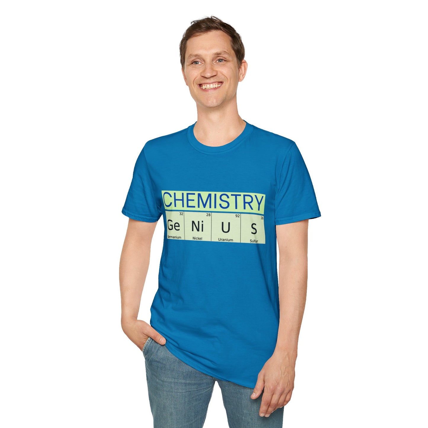 a man wearing a sapphire blue shirt that says chemistry and genius written with periodic table element abbreviations