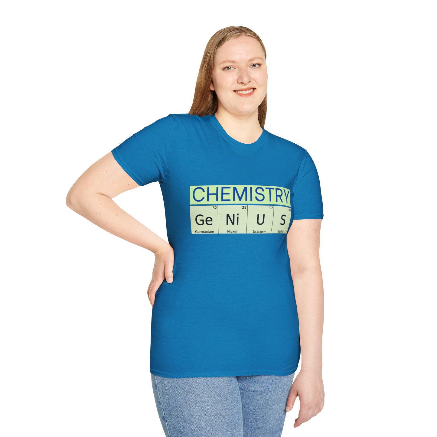 a woman wearing a sapphire blue shirt that says chemistry and genius written with periodic table element abbreviations