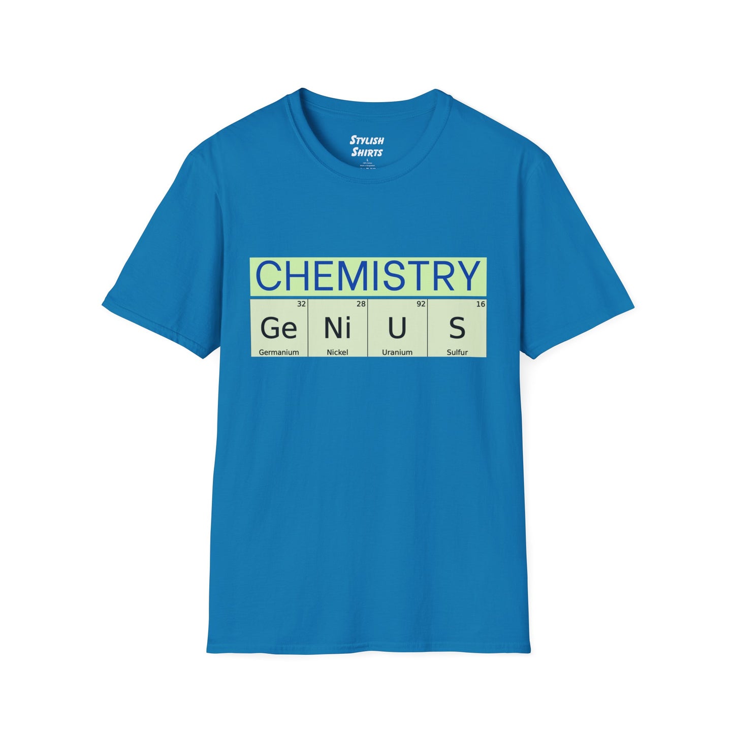 a sapphire blue shirt that says chemistry and genius written with periodic table element abbreviations