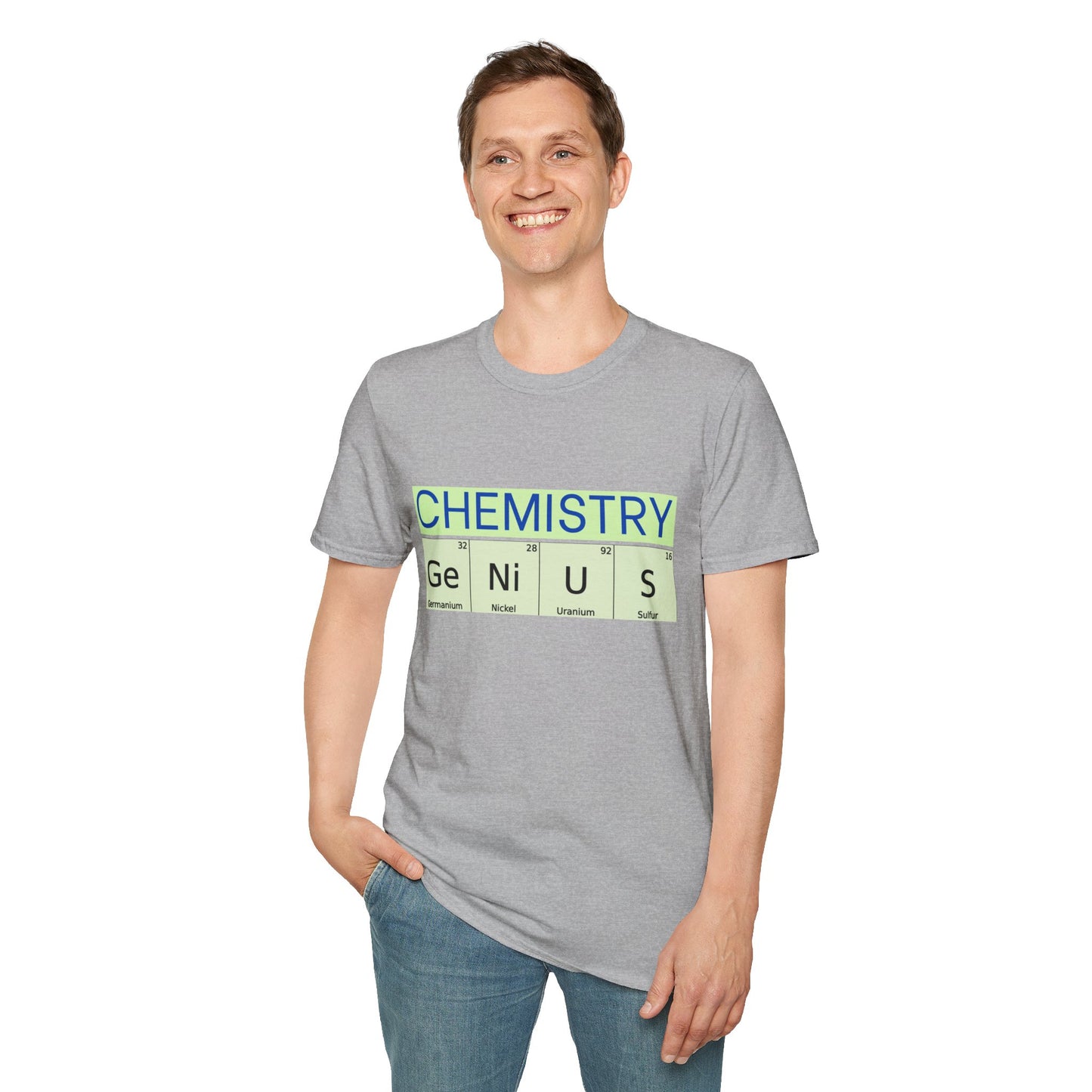a man wearing a sport grey shirt that says chemistry and genius written with periodic table element abbreviations