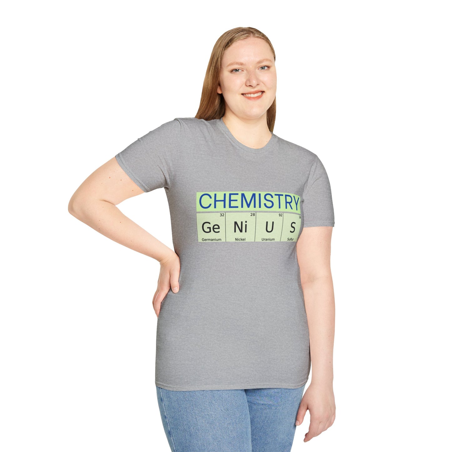 a woman wearing a sport grey shirt that says chemistry and genius written with periodic table element abbreviations