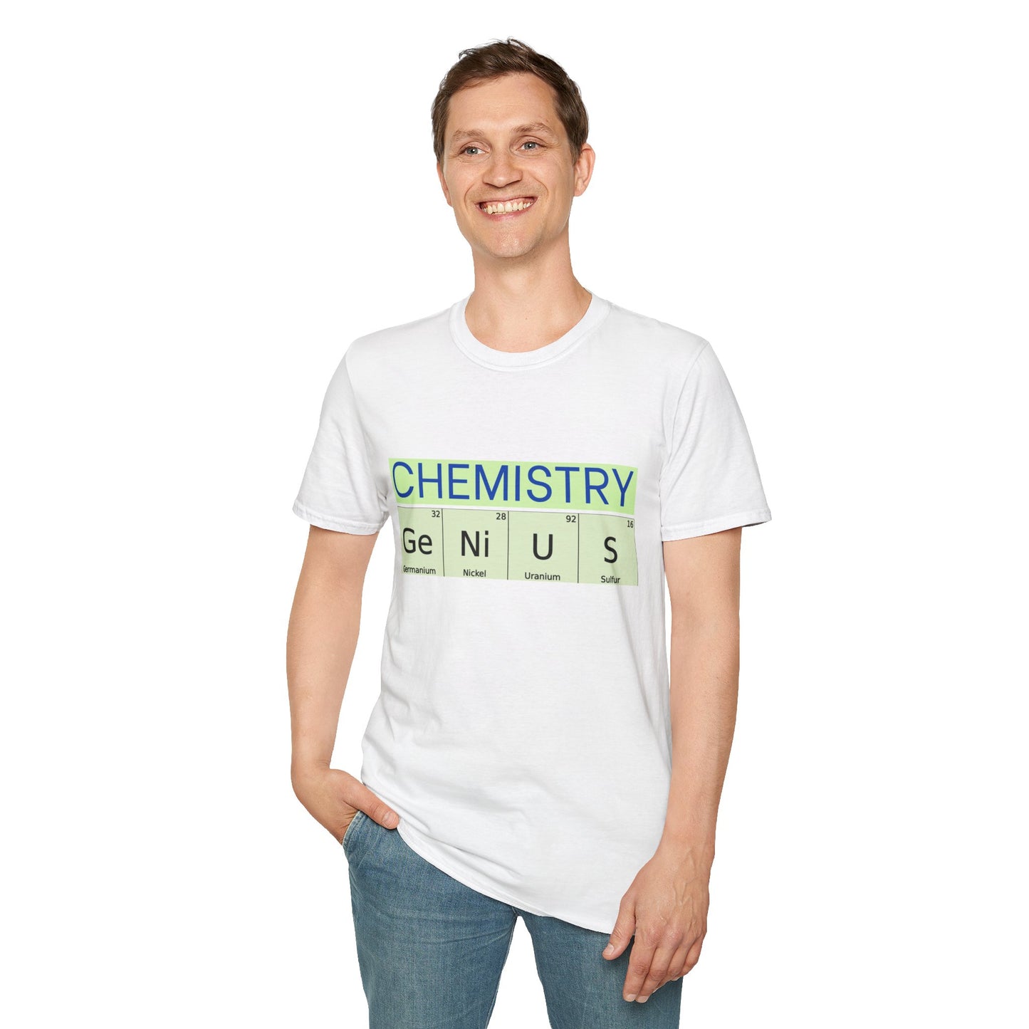 a man wearing a white shirt that says chemistry and genius written with periodic table element abbreviations