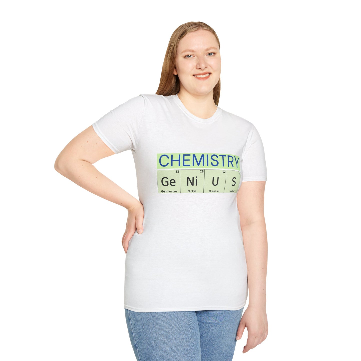 a woman wearing a white shirt that says chemistry and genius written with periodic table element abbreviations