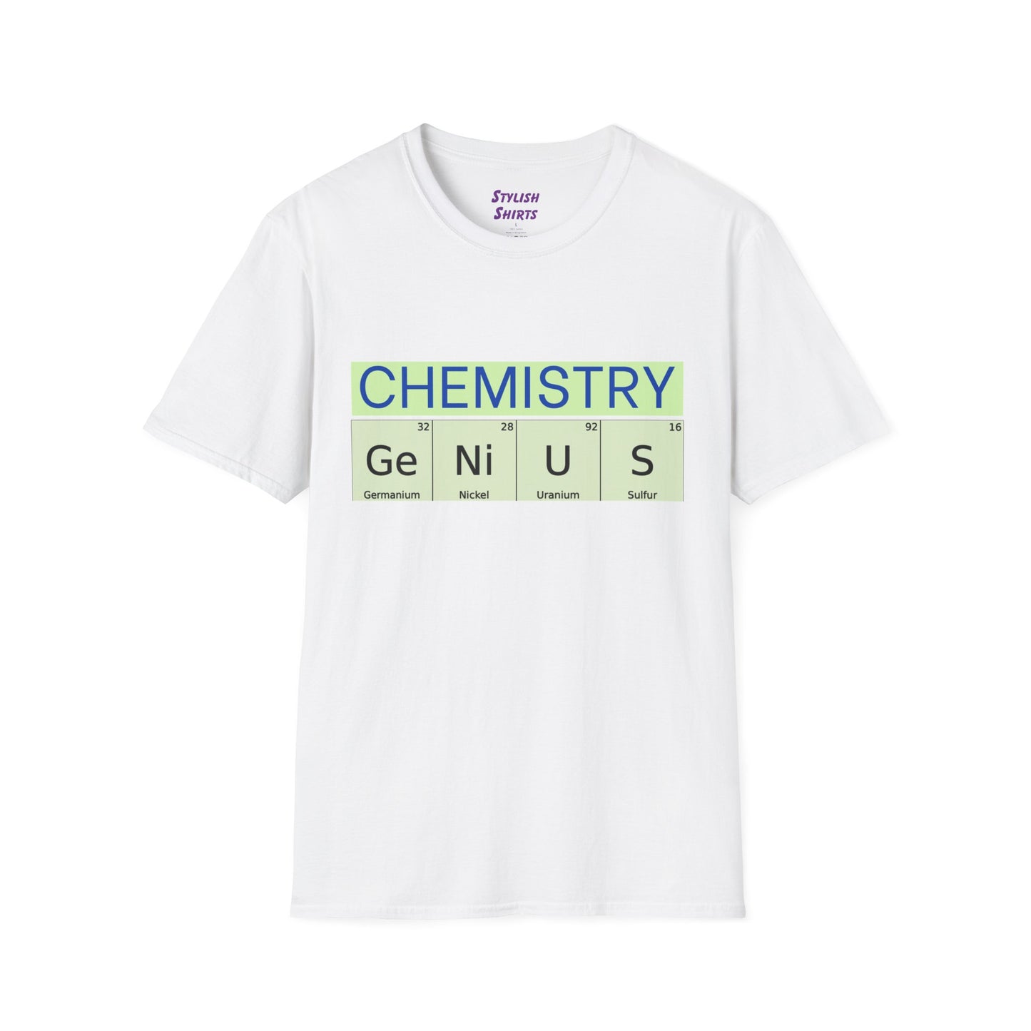 a white shirt that says chemistry and genius written with periodic table element abbreviations